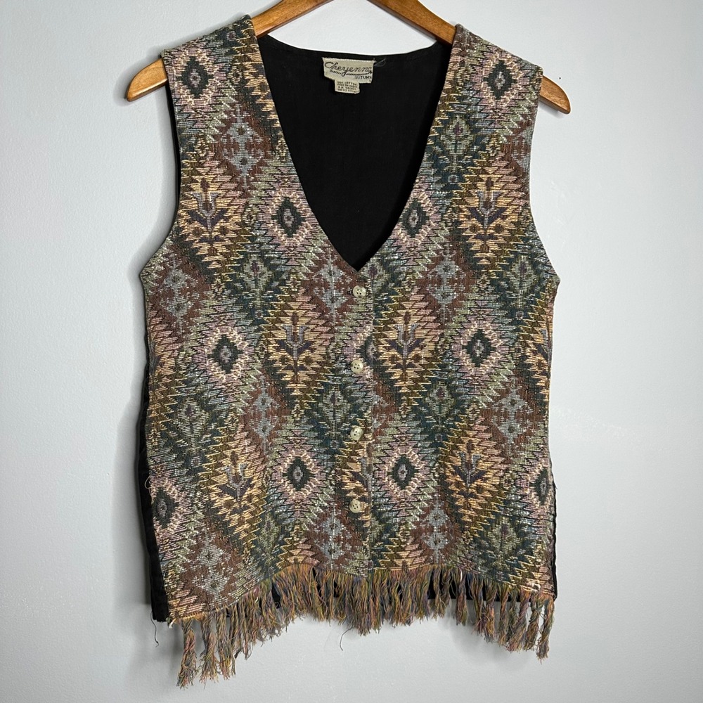Cheyenne‎ Autumn Tapestry Vest Women OS Multicolor EUC Fringe Boho Southwestern